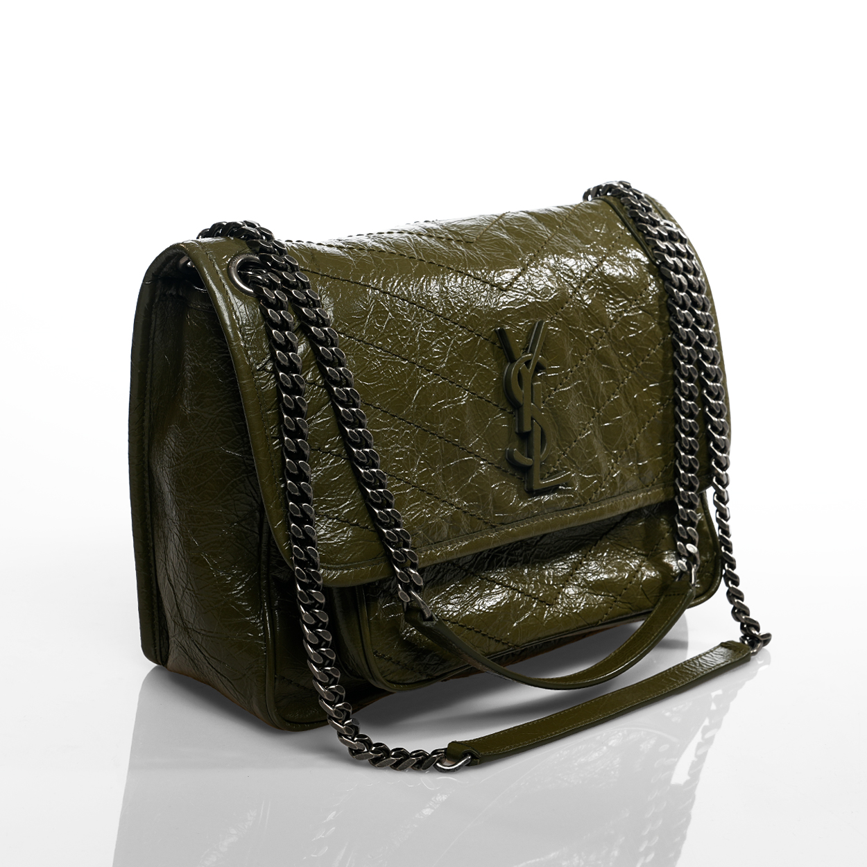 Yves Saint Laurent - Khaki Distressed Chevron Leather Medium Niki Bag